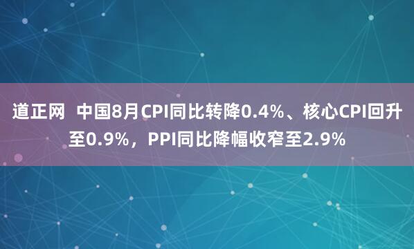 道正网  中国8月CPI同比转降0.4%、核心CPI回升至0.9%，PPI同比降幅收窄至2.9%